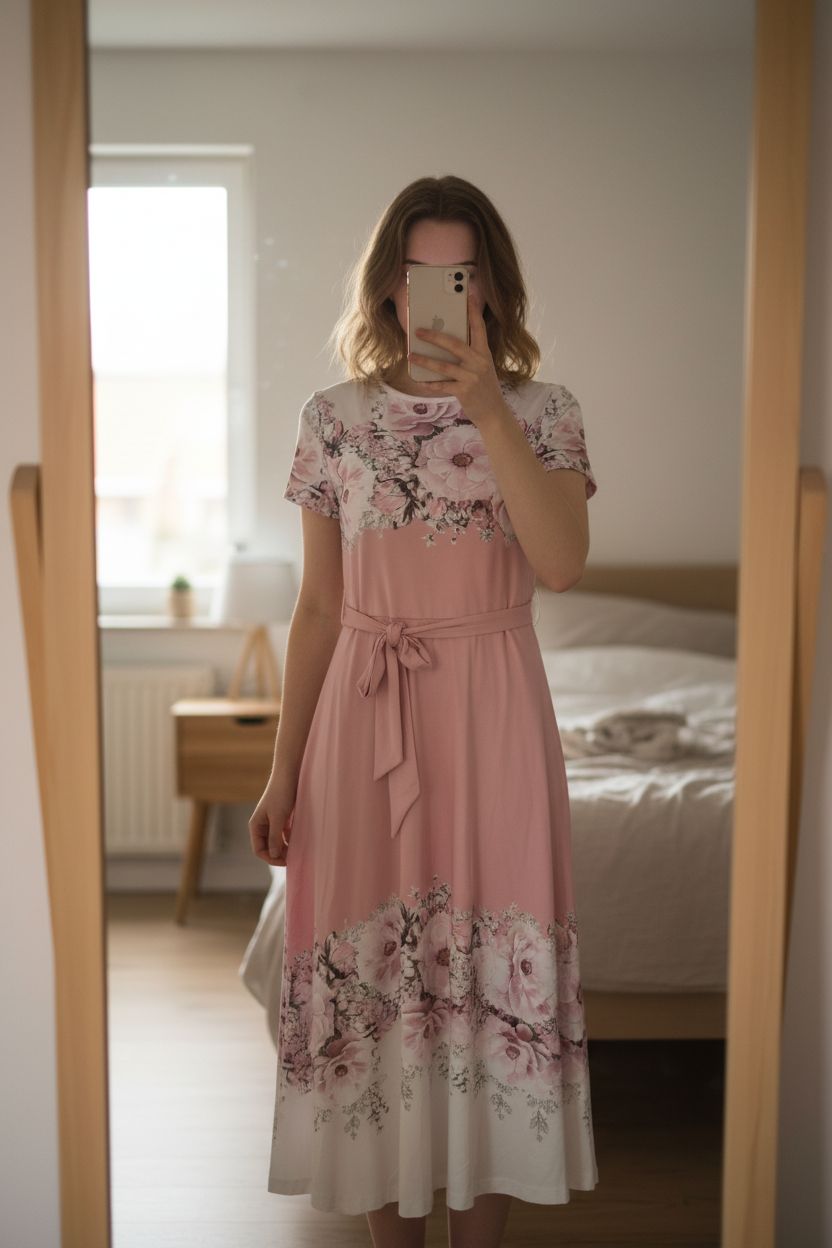 Robe femme rose avec fleur taille 36-38 debout, face à la caméra, dans une chambre à la lumière douce, avec une lumière naturelle filtrant par la fenêtre.