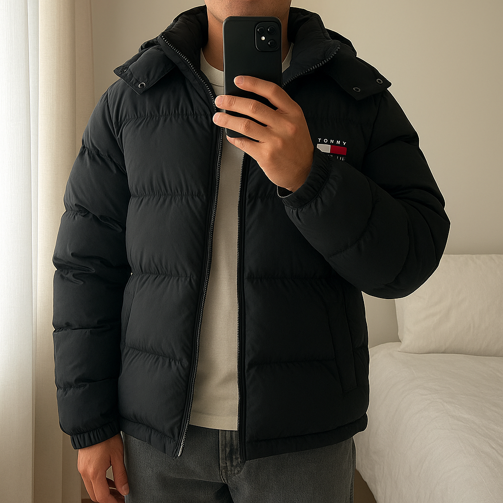 Doudoune « the Alaska puffer jacket » tommy hilfiger debout, face à la caméra, dans une chambre à la lumière douce, avec une lumière naturelle filtrant par la fenêtre.
