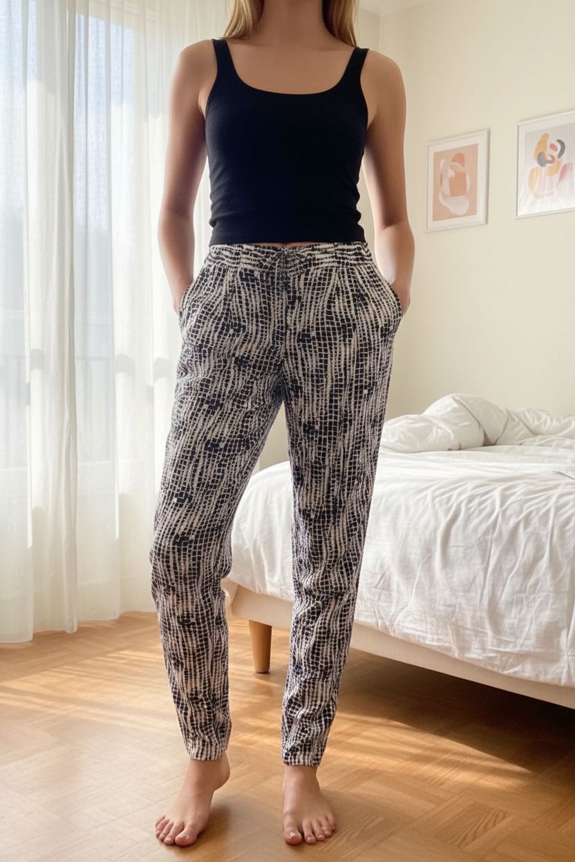 Pantalon ample femme debout, face à la caméra, dans une chambre à la lumière douce, avec une lumière naturelle filtrant par la fenêtre.