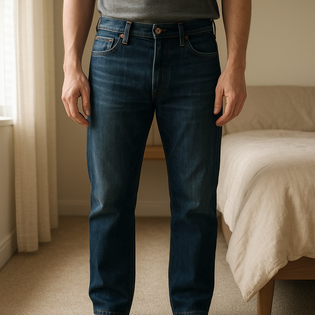 Replay blue jeans standing straight facing the camera, in a softly lit bedroom setting, with gentle natural light filtering through a window.