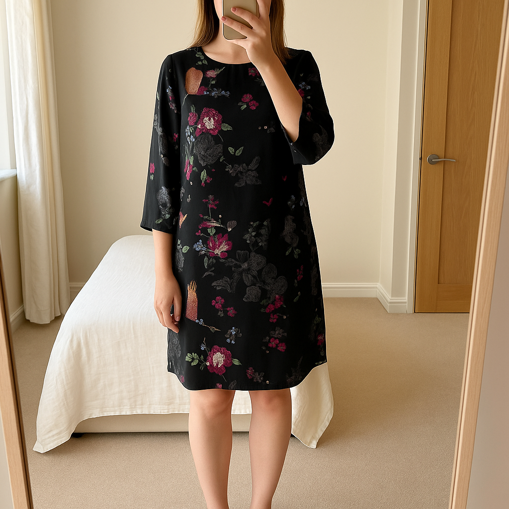 Joules Lyris Floaty Lined Black Woodland Floral Tunic Style Dress - Size 10 standing straight facing the camera, in a softly lit bedroom setting, with gentle natural light filtering through a window.
