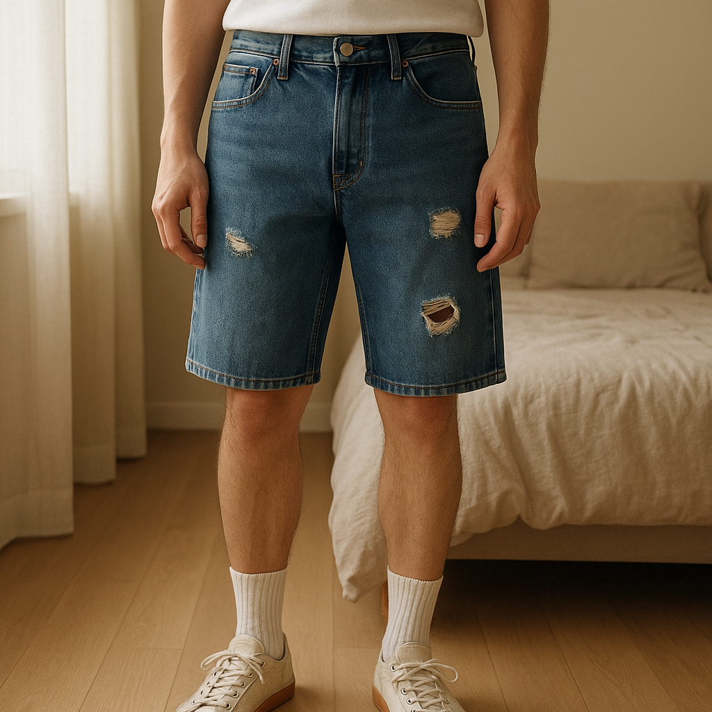 Bermuda en jean enfant bleu debout, face à la caméra, dans une chambre à la lumière douce, avec une lumière naturelle filtrant par la fenêtre.