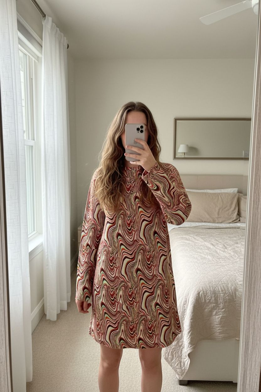 Zara Vintage Knit Multicolour Sweater Dress Size M Retro Psychedelic VaporWave indie standing straight facing the camera, in a softly lit bedroom setting, with gentle natural light filtering through a window.