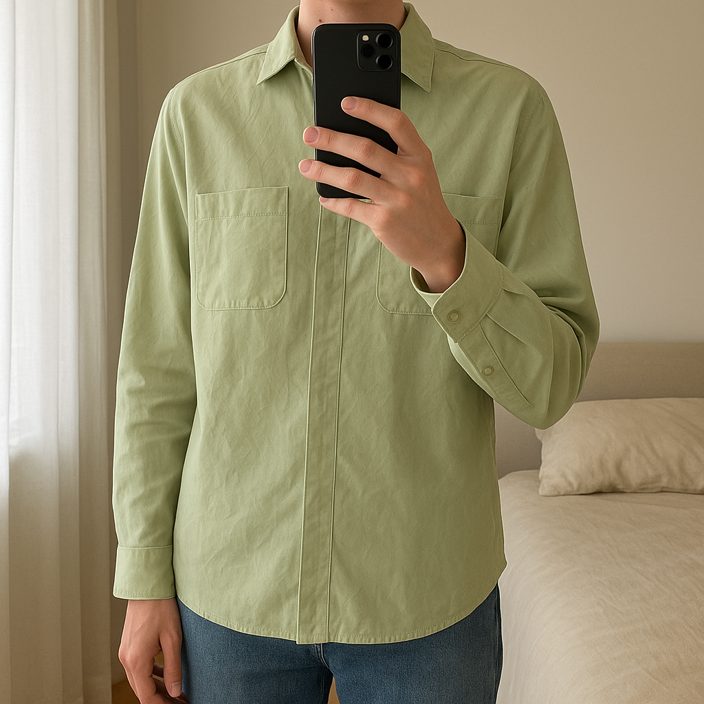 Camicia Seta Vintage 42 Verde Menta – Silk Blouse – Blusa Seda – Seidenbluse – Chemisier in piedi, rivolto verso la fotocamera, in una camera da letto con luce soffusa e luce naturale che filtra dalla finestra.