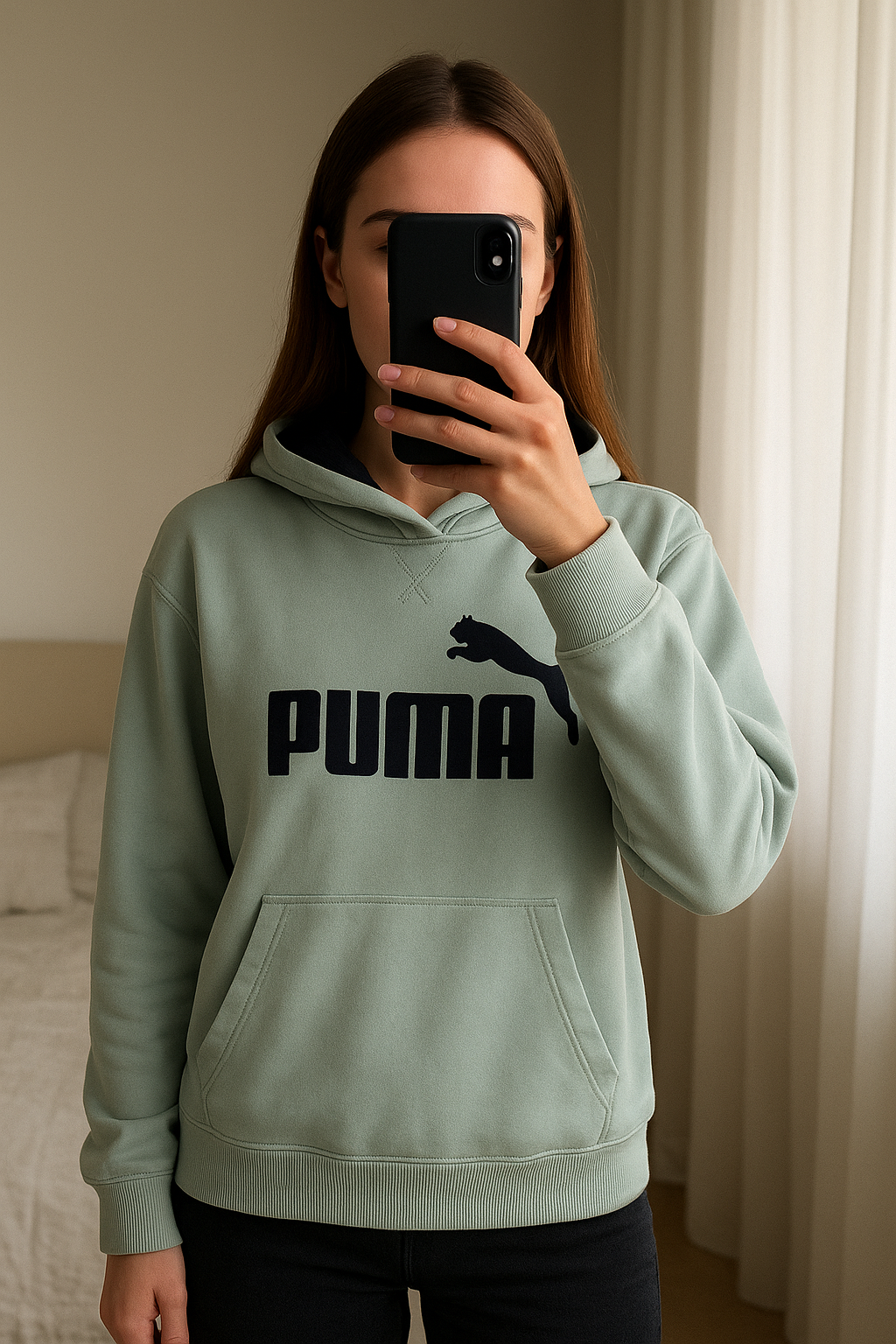 Sweat à capuche Puma - XL - Bleu clair - Très bon état debout, face à la caméra, dans une chambre à la lumière douce, avec une lumière naturelle filtrant par la fenêtre.