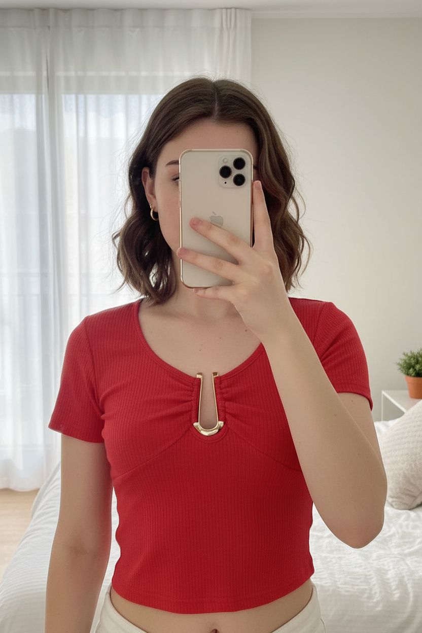 Crop top rouge debout, face à la caméra, dans une chambre à la lumière douce, avec une lumière naturelle filtrant par la fenêtre.