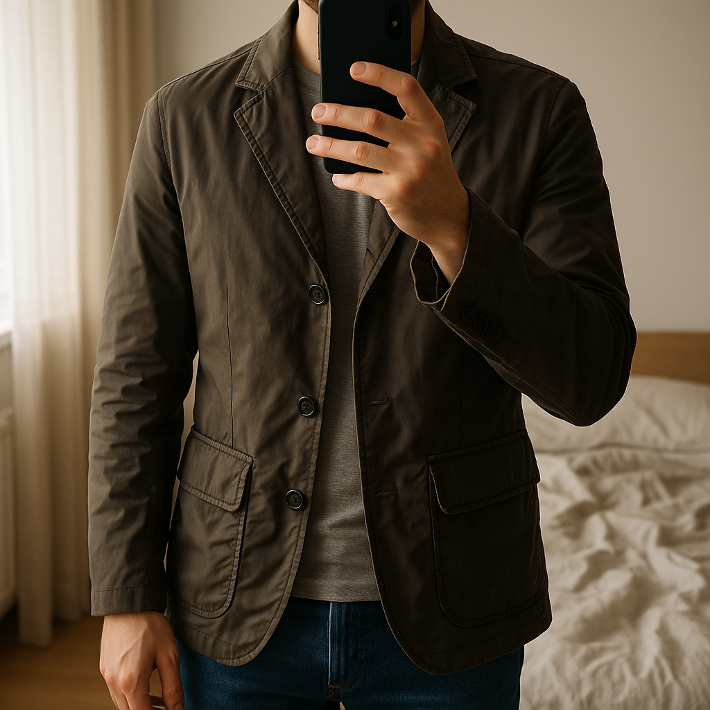 Manteau Hugo Boss debout, face à la caméra, dans une chambre à la lumière douce, avec une lumière naturelle filtrant par la fenêtre.