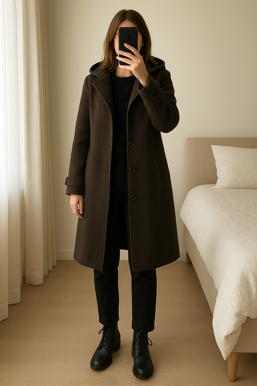 Manteau marron Esprit debout, face à la caméra, dans une chambre à la lumière douce, avec une lumière naturelle filtrant par la fenêtre.