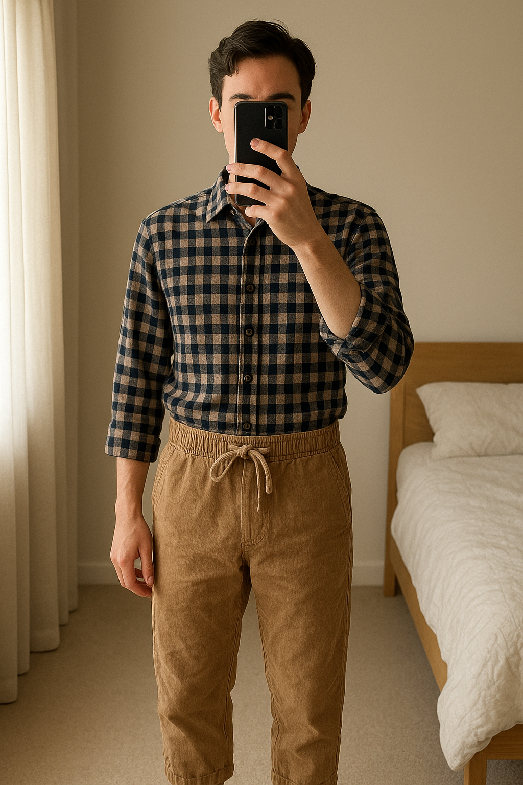 Baby boys shirt and cord trouser outfit standing straight facing the camera, in a softly lit bedroom setting, with gentle natural light filtering through a window.