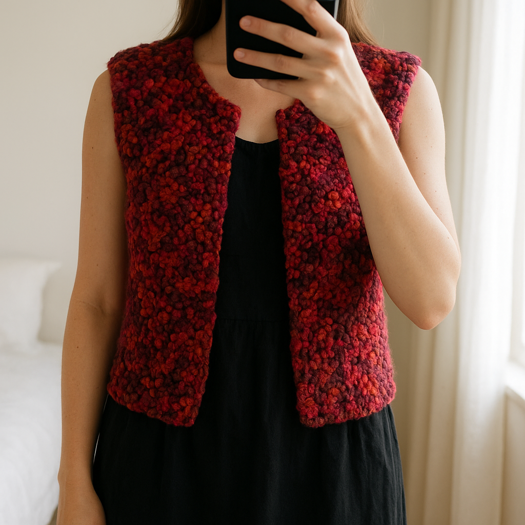 Superbe gilet laine bouclée, chaud, magnifique ! debout, face à la caméra, dans une chambre à la lumière douce, avec une lumière naturelle filtrant par la fenêtre.