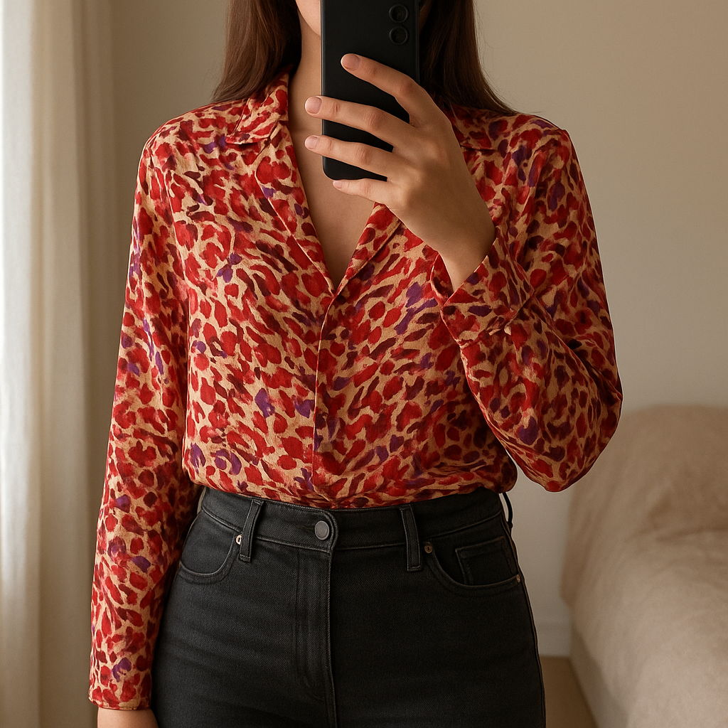 Blouse Season Satin T36 debout, face à la caméra, dans une chambre à la lumière douce, avec une lumière naturelle filtrant par la fenêtre.