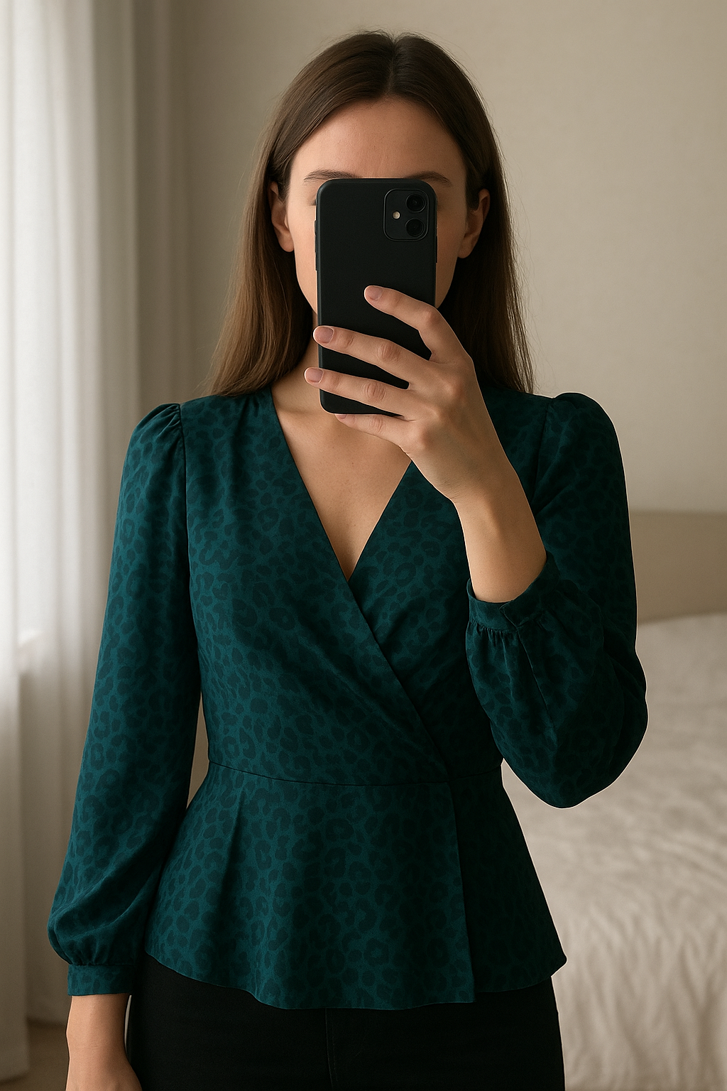 Top Suncoo Satin. debout, face à la caméra, dans une chambre à la lumière douce, avec une lumière naturelle filtrant par la fenêtre.