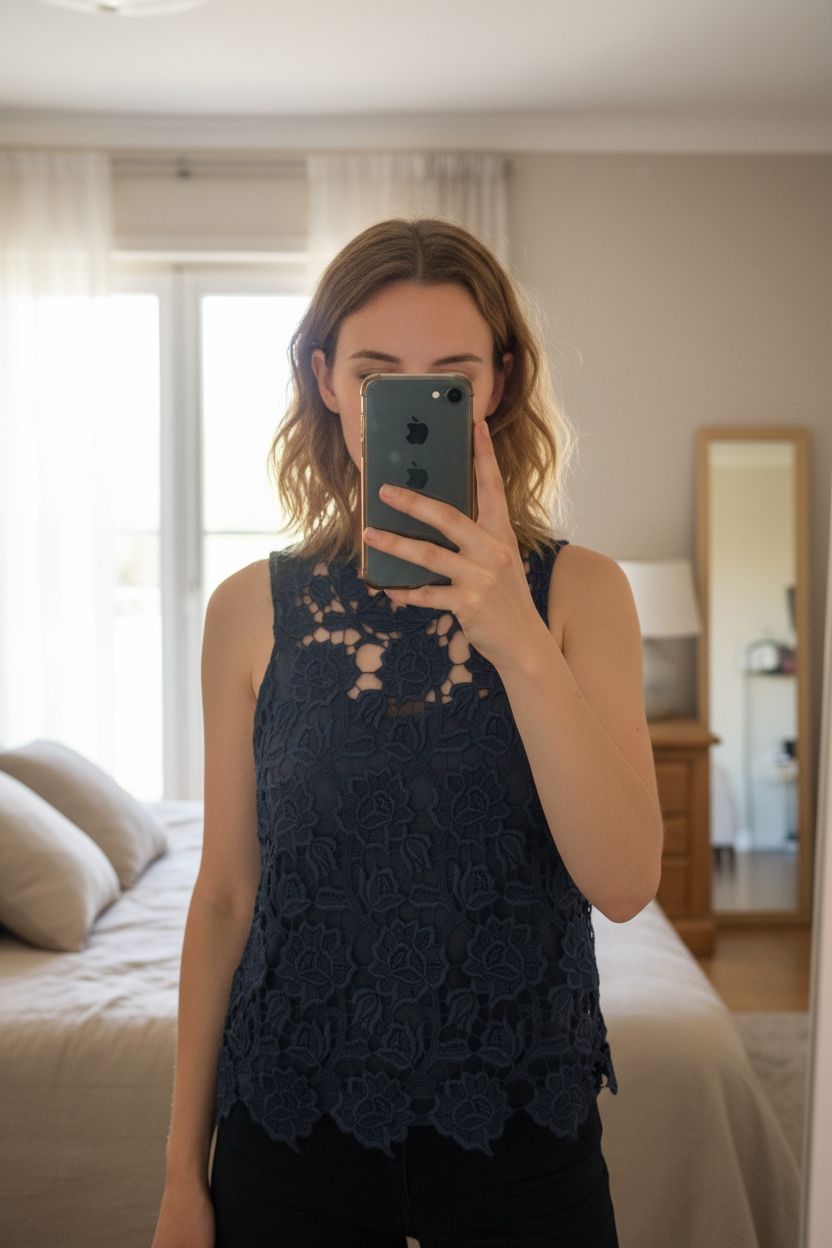 🌈 Top sans manche femme taille M collection bleu marine 🌈 debout, face à la caméra, dans une chambre à la lumière douce, avec une lumière naturelle filtrant par la fenêtre.