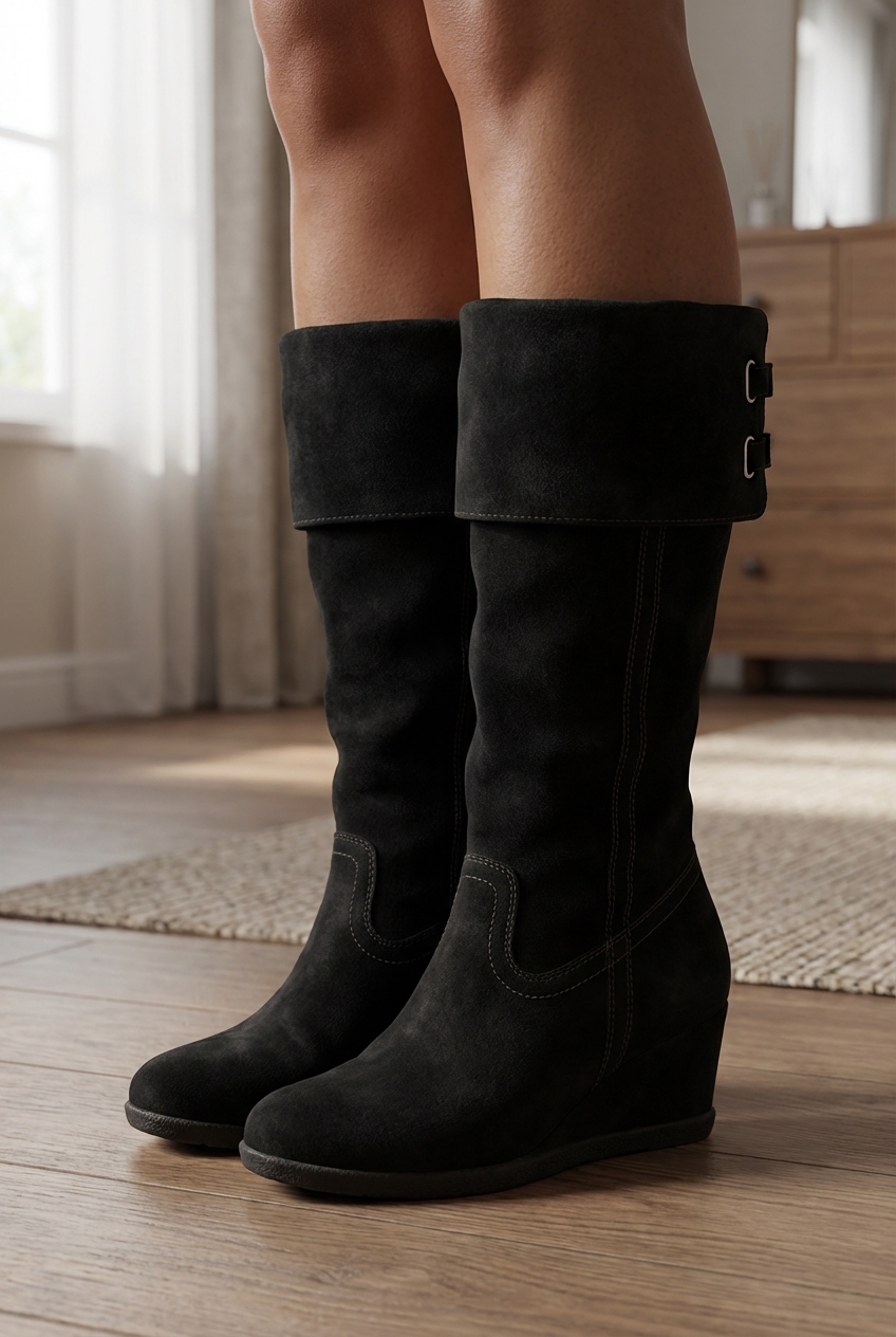 A person in Vintage Y2K black suede wedge knee high boots standing straight facing the camera, in a softly lit bedroom setting, with gentle natural light filtering through a window.