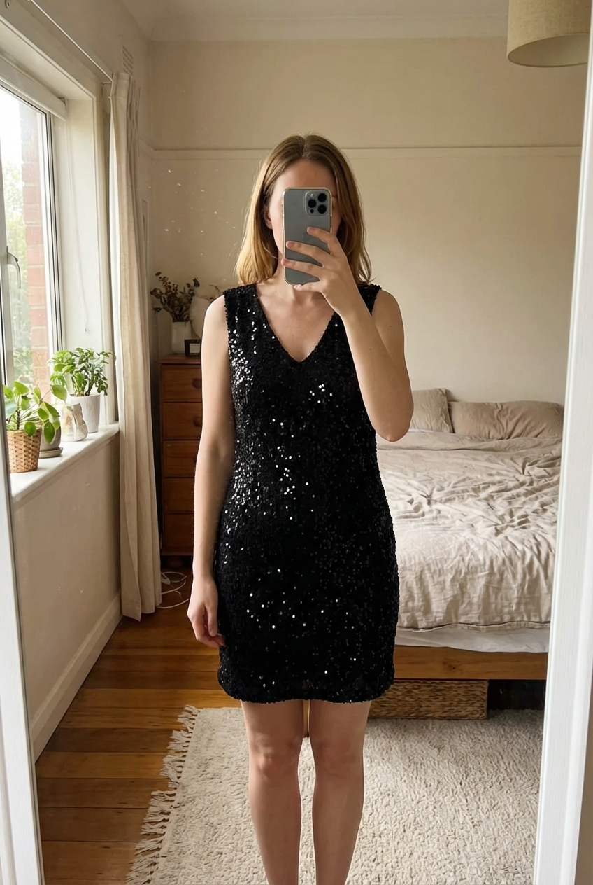 Petite Black Sleeveless Sparkly Dress - Wallis standing straight facing the camera, in a softly lit bedroom setting, with gentle natural light filtering through a window.