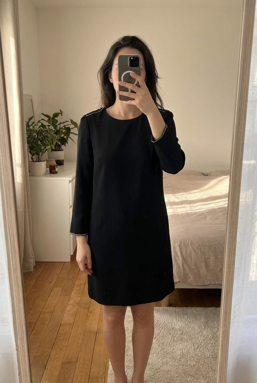 Robe noire Comptoir des Cotonniers T38 debout, face à la caméra, dans une chambre à la lumière douce, avec une lumière naturelle filtrant par la fenêtre.