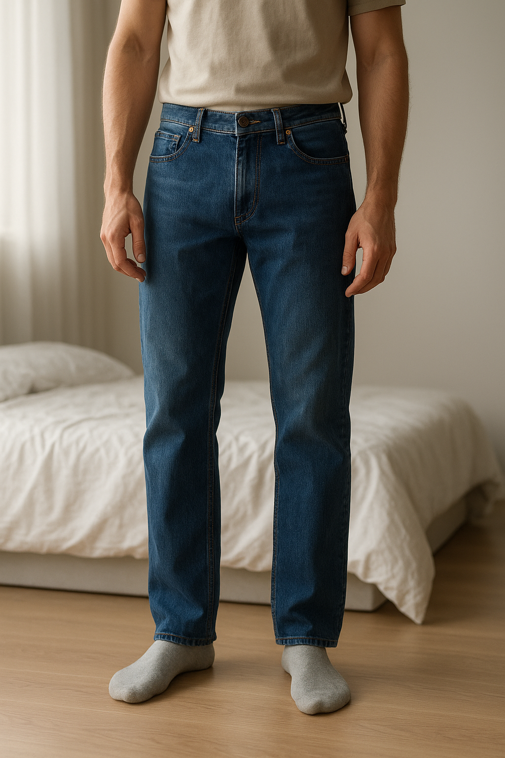 Jeans uomo Dondup Lucky slim-fit in piedi, rivolto verso la fotocamera, in una camera da letto con luce soffusa e luce naturale che filtra dalla finestra.