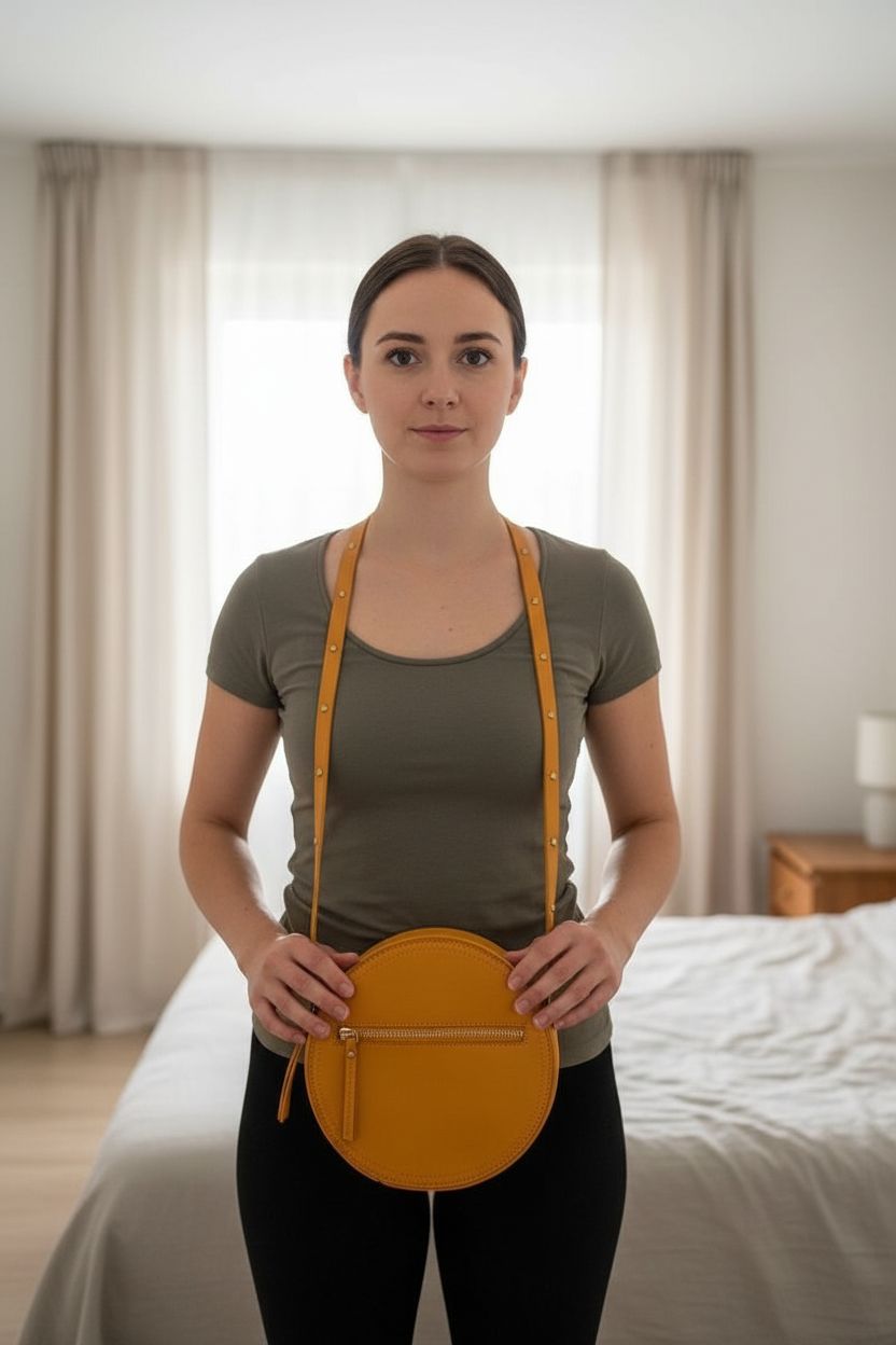 Petit sac à bandoulière moutarde/orange rond debout, face à la caméra, dans une chambre à la lumière douce, avec une lumière naturelle filtrant par la fenêtre.