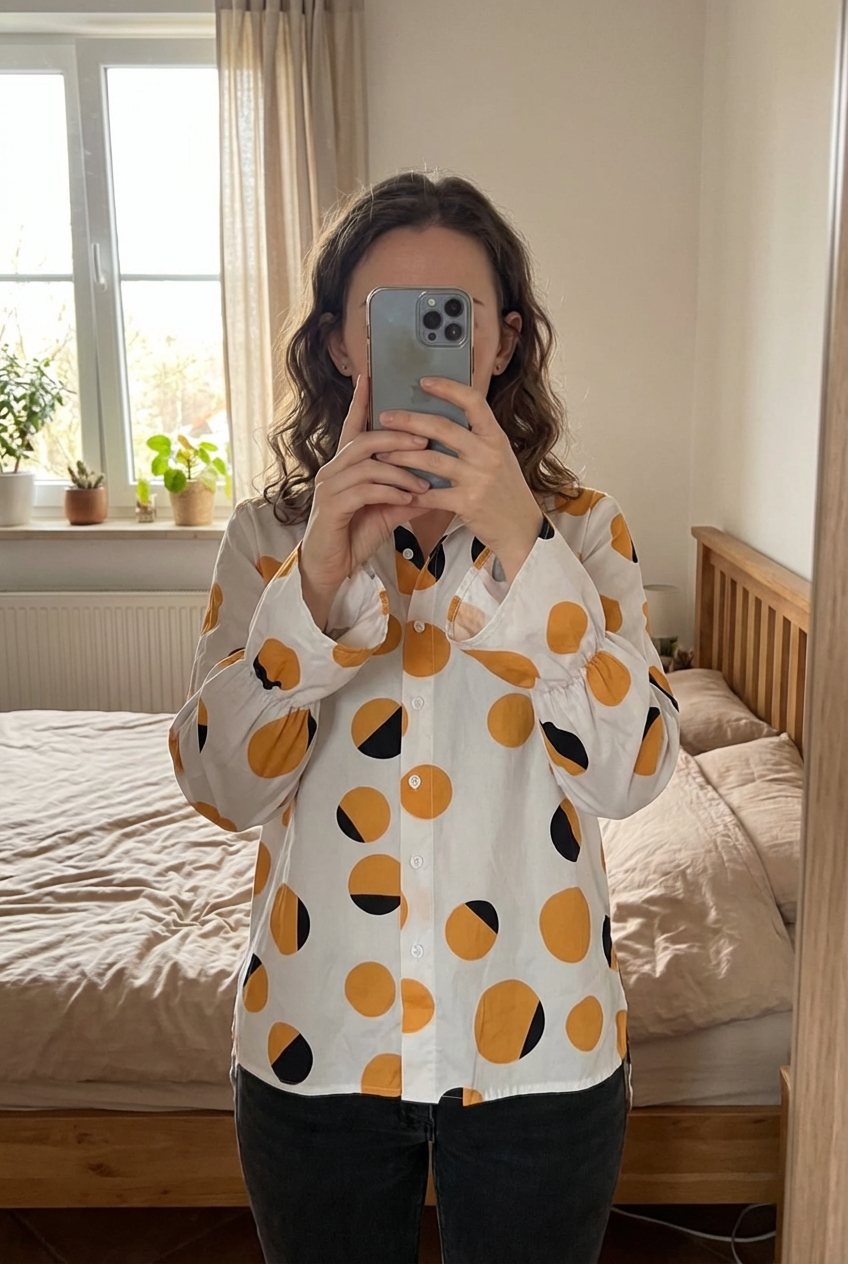 Chemisier taille L debout, face à la caméra, dans une chambre à la lumière douce, avec une lumière naturelle filtrant par la fenêtre.