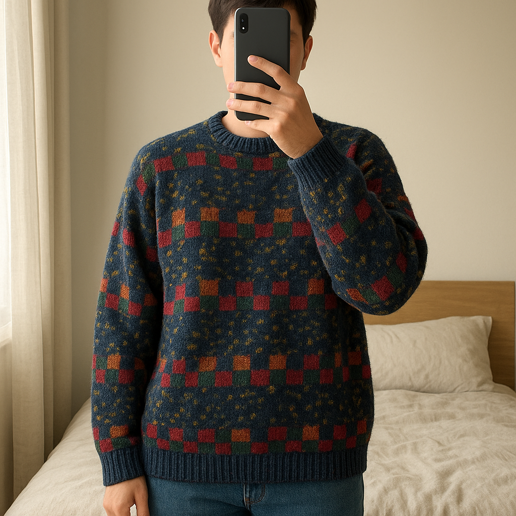 Missoni Sport jumper multicolour size XL in piedi, rivolto verso la fotocamera, in una camera da letto con luce soffusa e luce naturale che filtra dalla finestra.