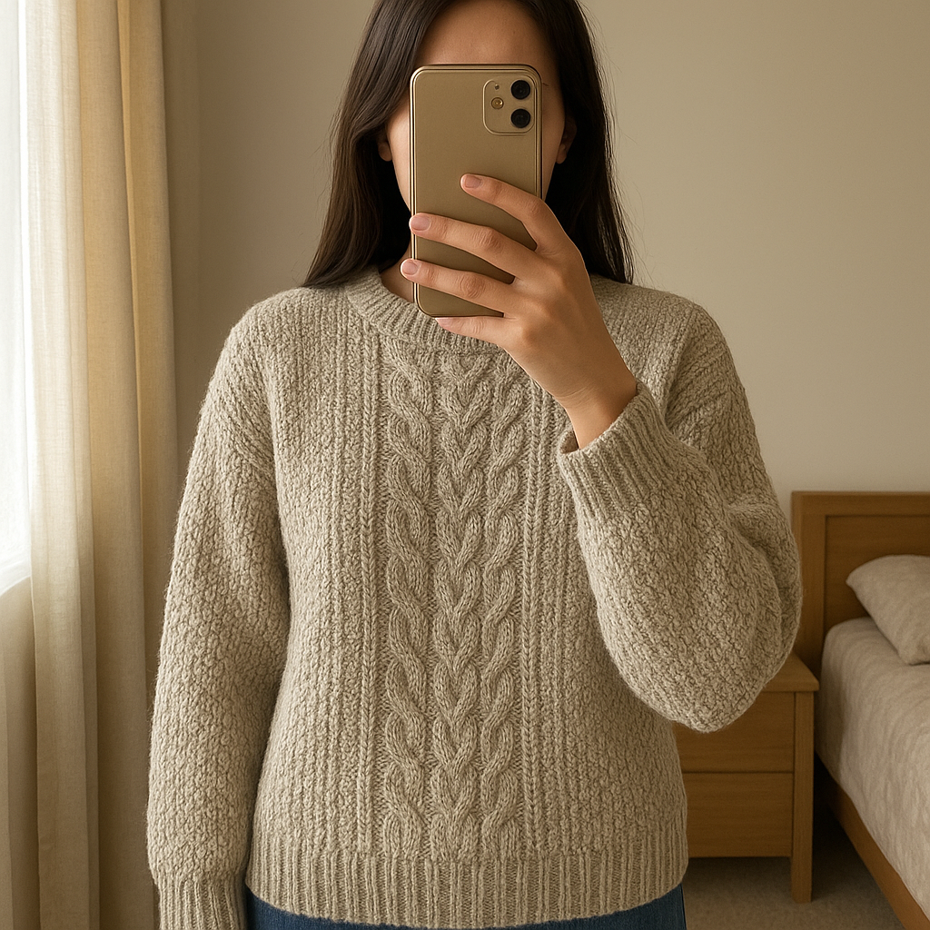 Maglioncino Stradivarius in piedi, rivolto verso la fotocamera, in una camera da letto con luce soffusa e luce naturale che filtra dalla finestra.