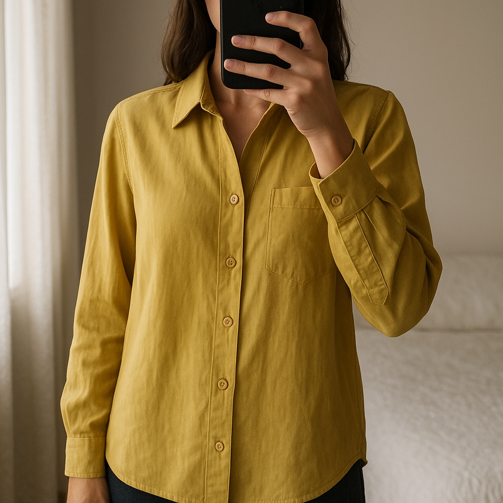 Next lime/yellow silky ong length shirt. standing straight facing the camera, in a softly lit bedroom setting, with gentle natural light filtering through a window.