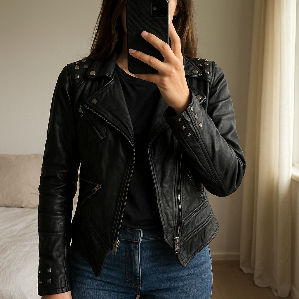 LGB veste en cuir leather jacket if six was nine archive opium avant-garde 90s 1990s debout, face à la caméra, dans une chambre à la lumière douce, avec une lumière naturelle filtrant par la fenêtre.