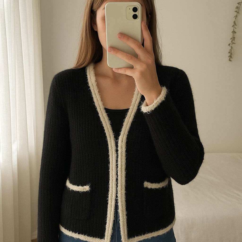 Gilet noir et blanc debout, face à la caméra, dans une chambre à la lumière douce, avec une lumière naturelle filtrant par la fenêtre.