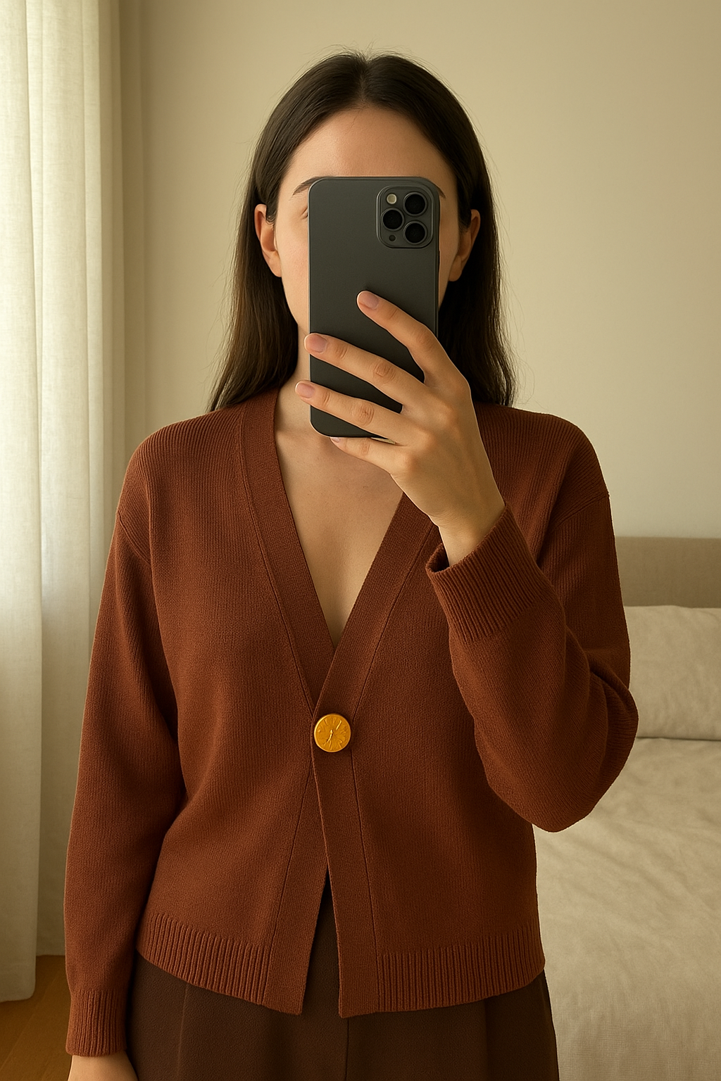 pull manche longue debout, face à la caméra, dans une chambre à la lumière douce, avec une lumière naturelle filtrant par la fenêtre.