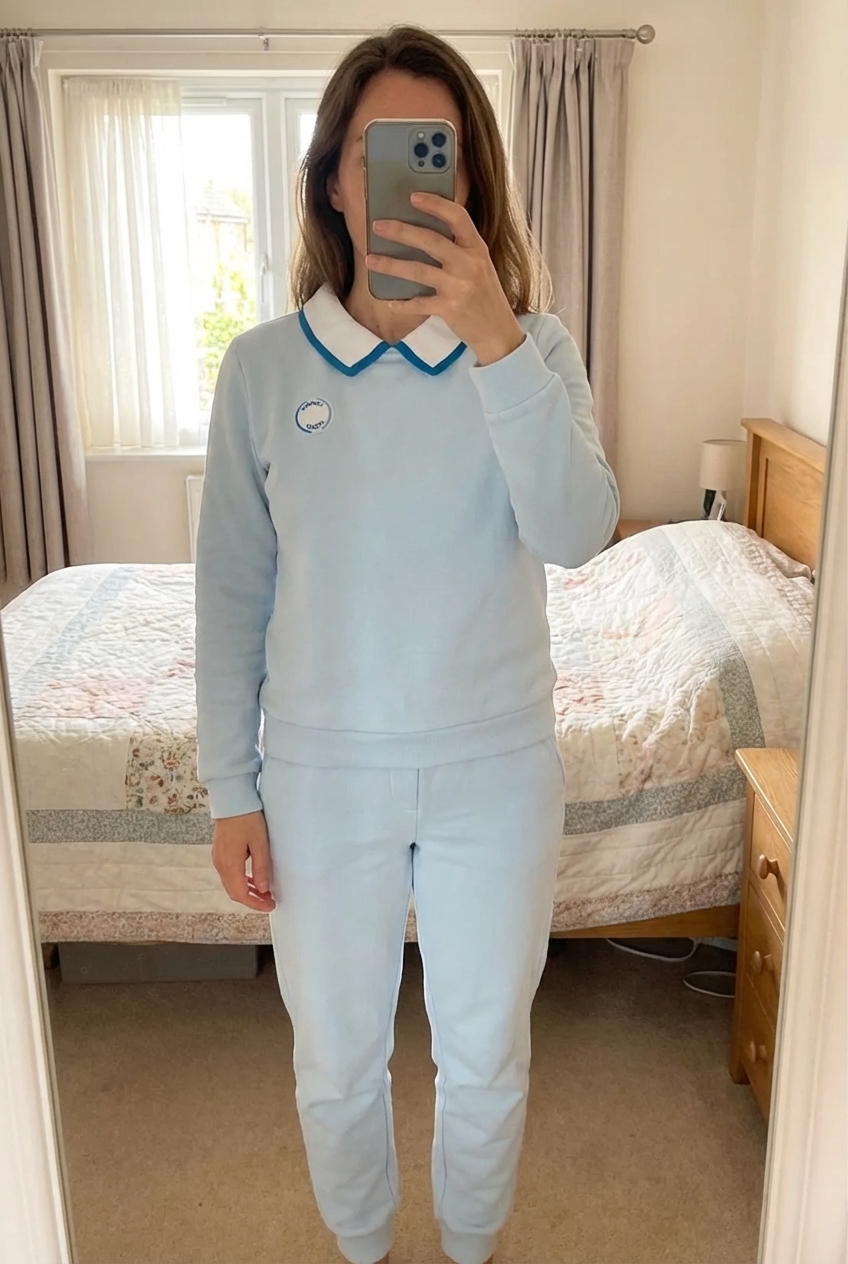 Ensemble jacadi bleu 6mois debout, face à la caméra, dans une chambre à la lumière douce, avec une lumière naturelle filtrant par la fenêtre.