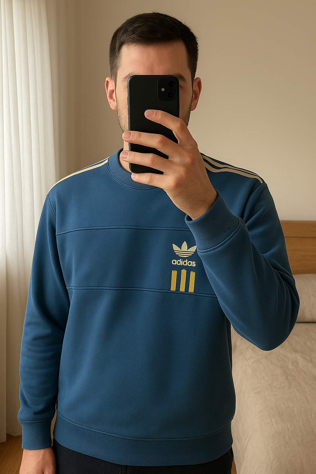 Adidas men’s sweatshirt medium size standing straight facing the camera, in a softly lit bedroom setting, with gentle natural light filtering through a window.