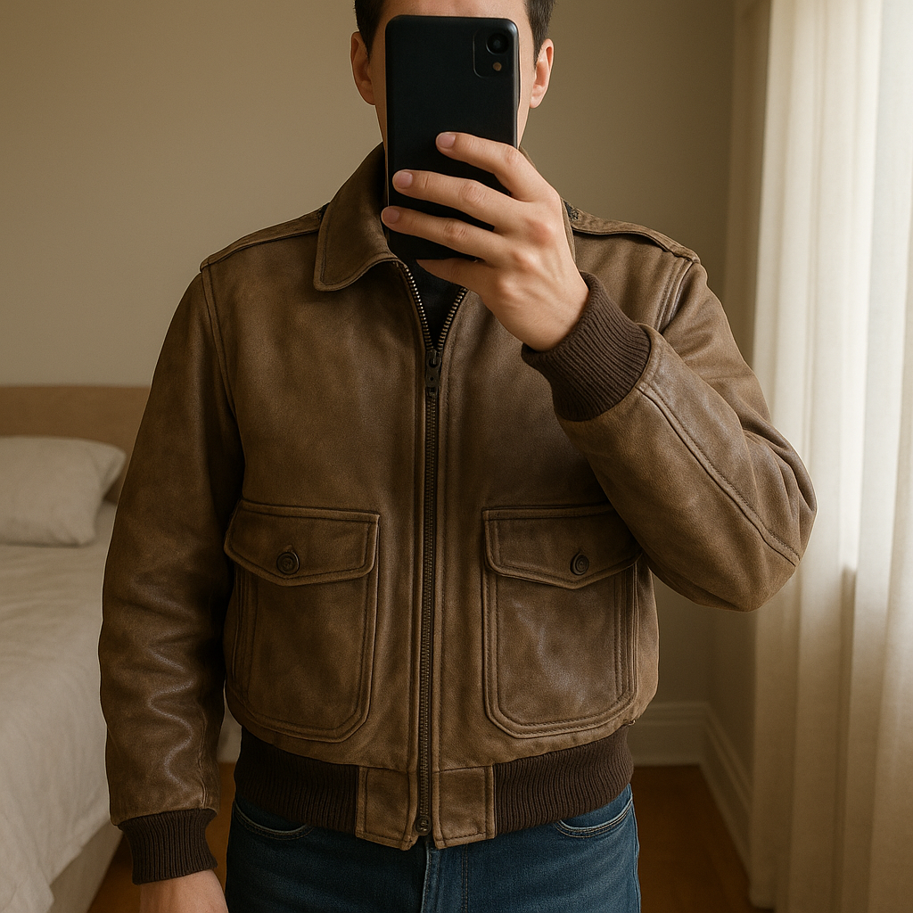 Vintage Aviator Leather Jacket – Brown (Size M) in piedi, rivolto verso la fotocamera, in una camera da letto con luce soffusa e luce naturale che filtra dalla finestra.
