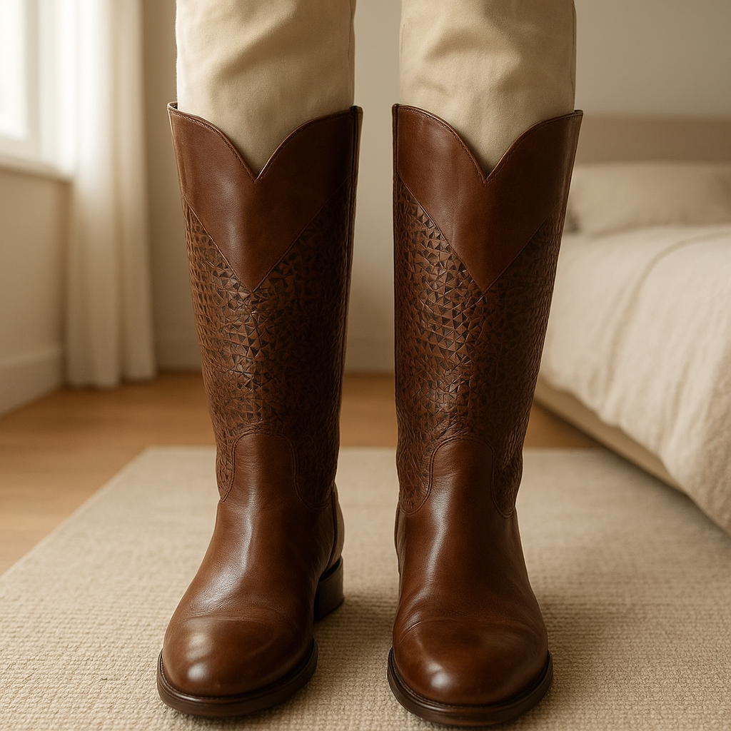 Véritable bottes marron en cuir pollini🍒 debout, face à la caméra, dans une chambre à la lumière douce, avec une lumière naturelle filtrant par la fenêtre.