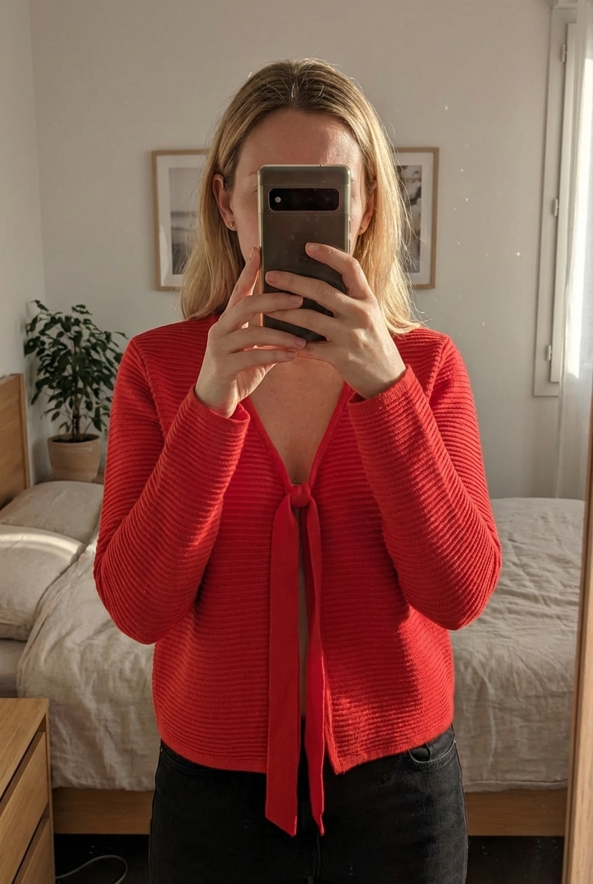 Gilet Camaïeu rouge pivoine debout, face à la caméra, dans une chambre à la lumière douce, avec une lumière naturelle filtrant par la fenêtre.
