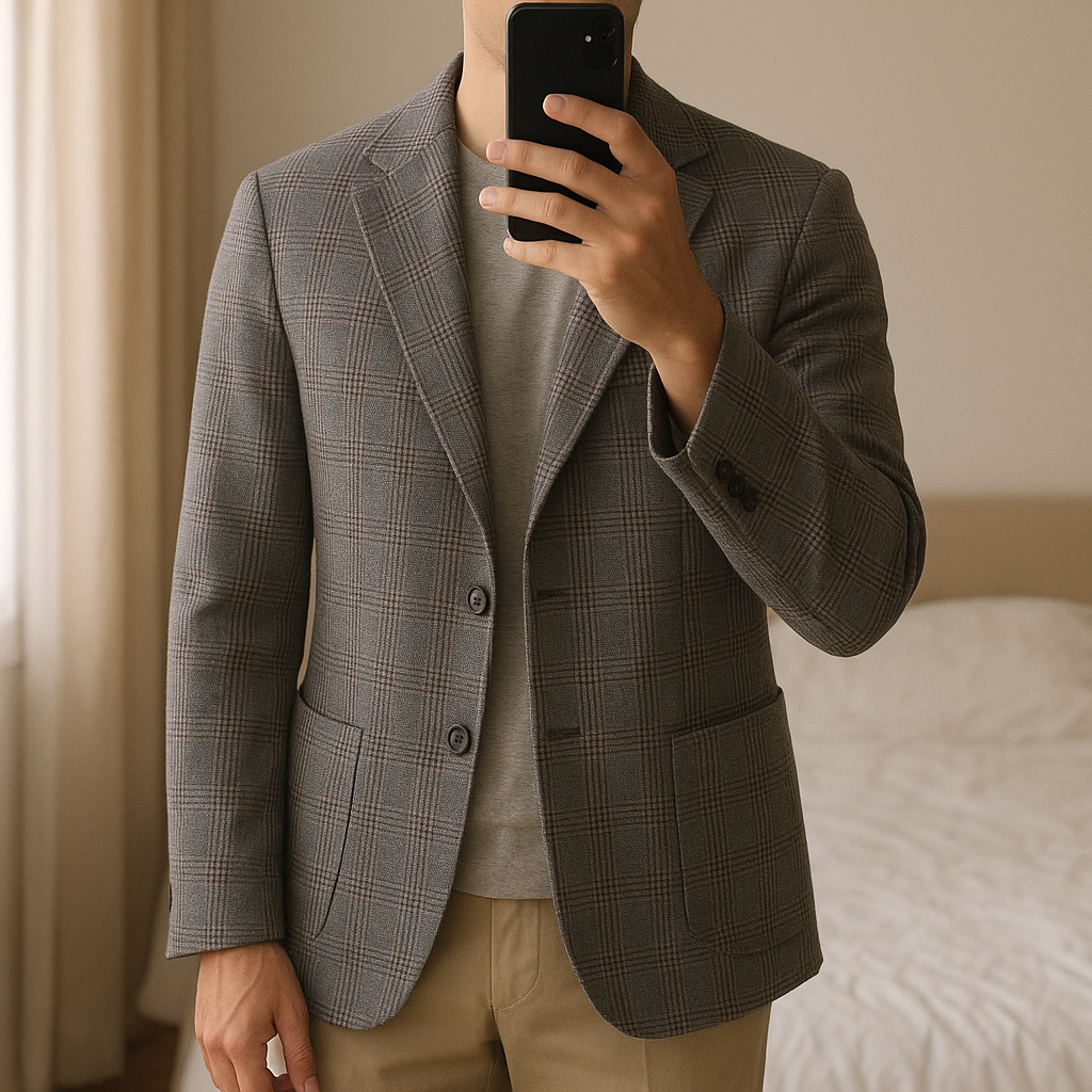 Herren Blazer kariert – klassisch & elegant aufrecht stehend, der Kamera zugewandt, in einem sanft beleuchteten Schlafzimmer, mit natürlichem Licht, das durch ein Fenster fällt.