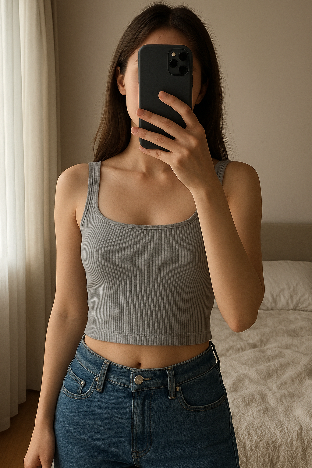 Top à bretelles Zara debout, face à la caméra, dans une chambre à la lumière douce, avec une lumière naturelle filtrant par la fenêtre.