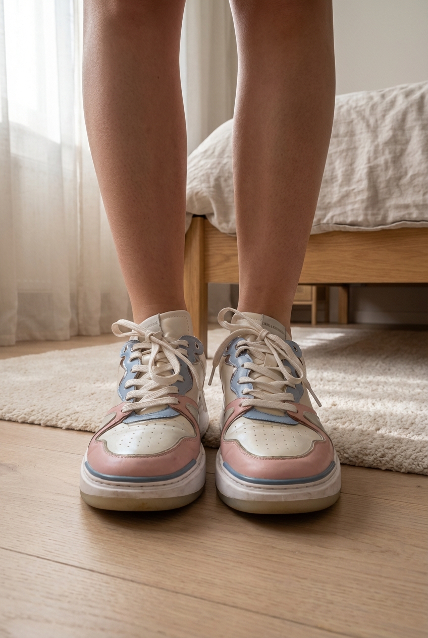 Karl Lagerfeld poluvisoke tenisice 39 standing straight facing the camera, in a softly lit bedroom setting, with gentle natural light filtering through a window.