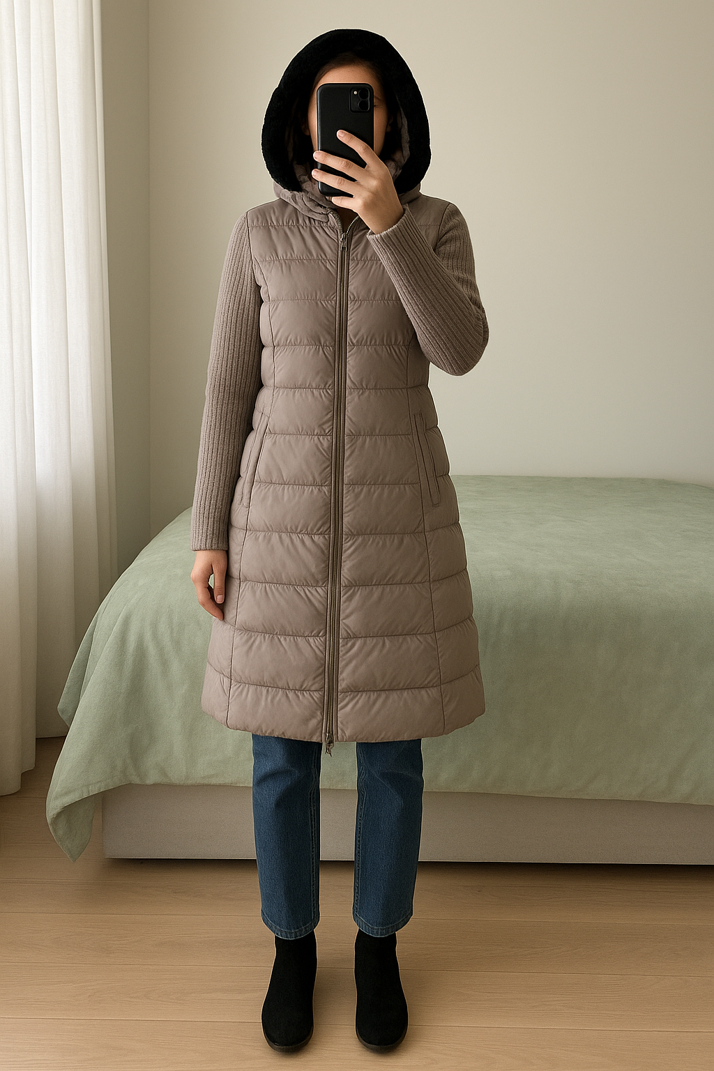 Manteau Armani jeans ( livraison uniquement en france ) debout, face à la caméra, dans une chambre à la lumière douce, avec une lumière naturelle filtrant par la fenêtre.