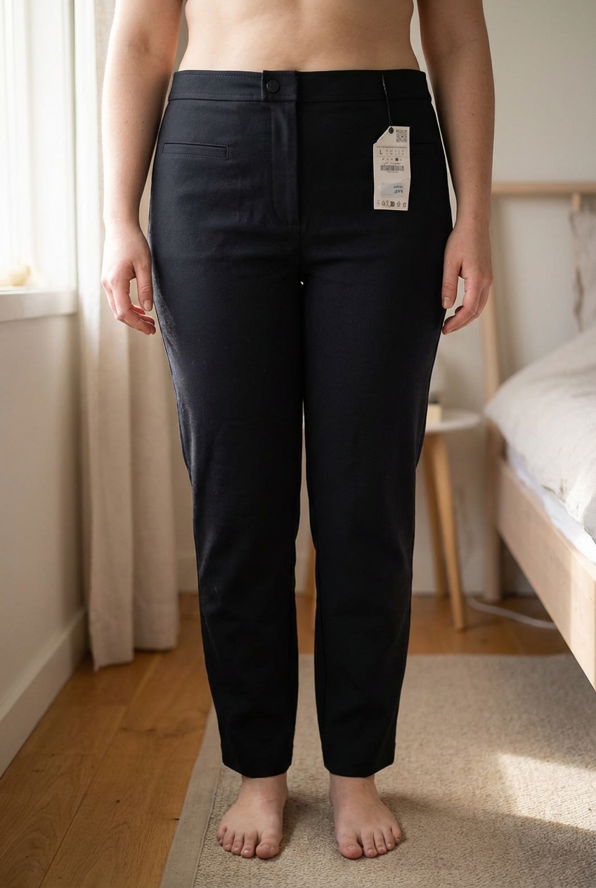 Une personne en Pantalon droit Zara debout, face à la caméra, avec une silhouette légèrement plus ronde, dans une chambre à la lumière douce, avec une lumière naturelle filtrant par la fenêtre.