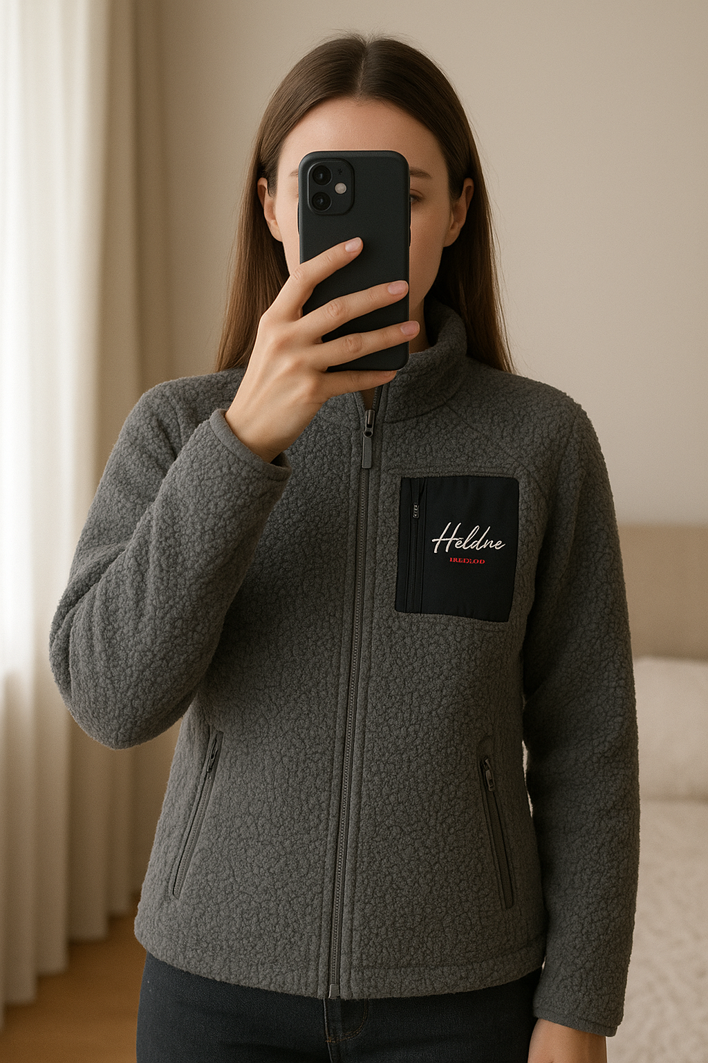 Veste chaude Heldre à fermeture éclair debout, face à la caméra, dans une chambre à la lumière douce, avec une lumière naturelle filtrant par la fenêtre.