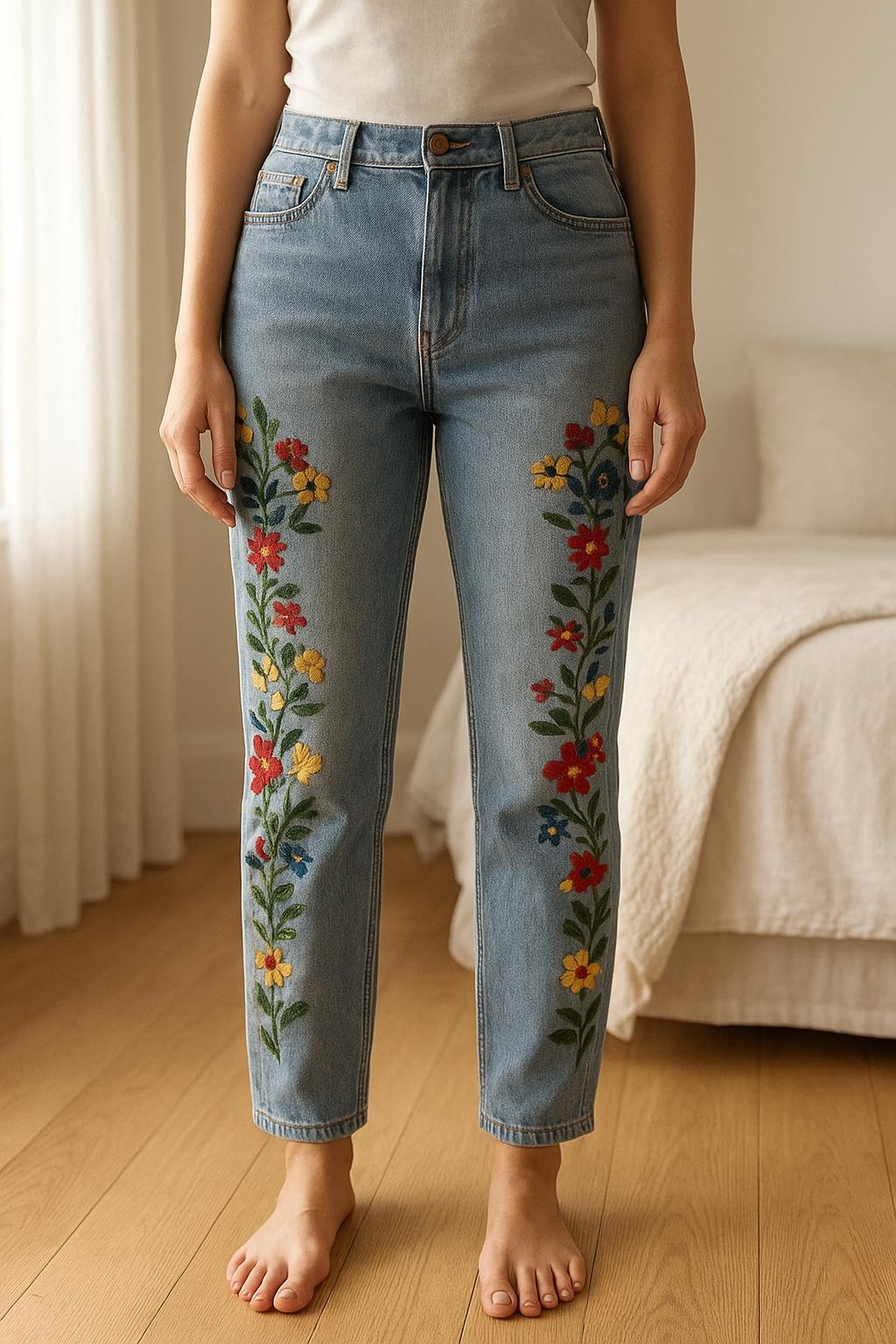 Zara mid rise jeans with floral embroidery standing straight facing the camera, in a softly lit bedroom setting, with gentle natural light filtering through a window.