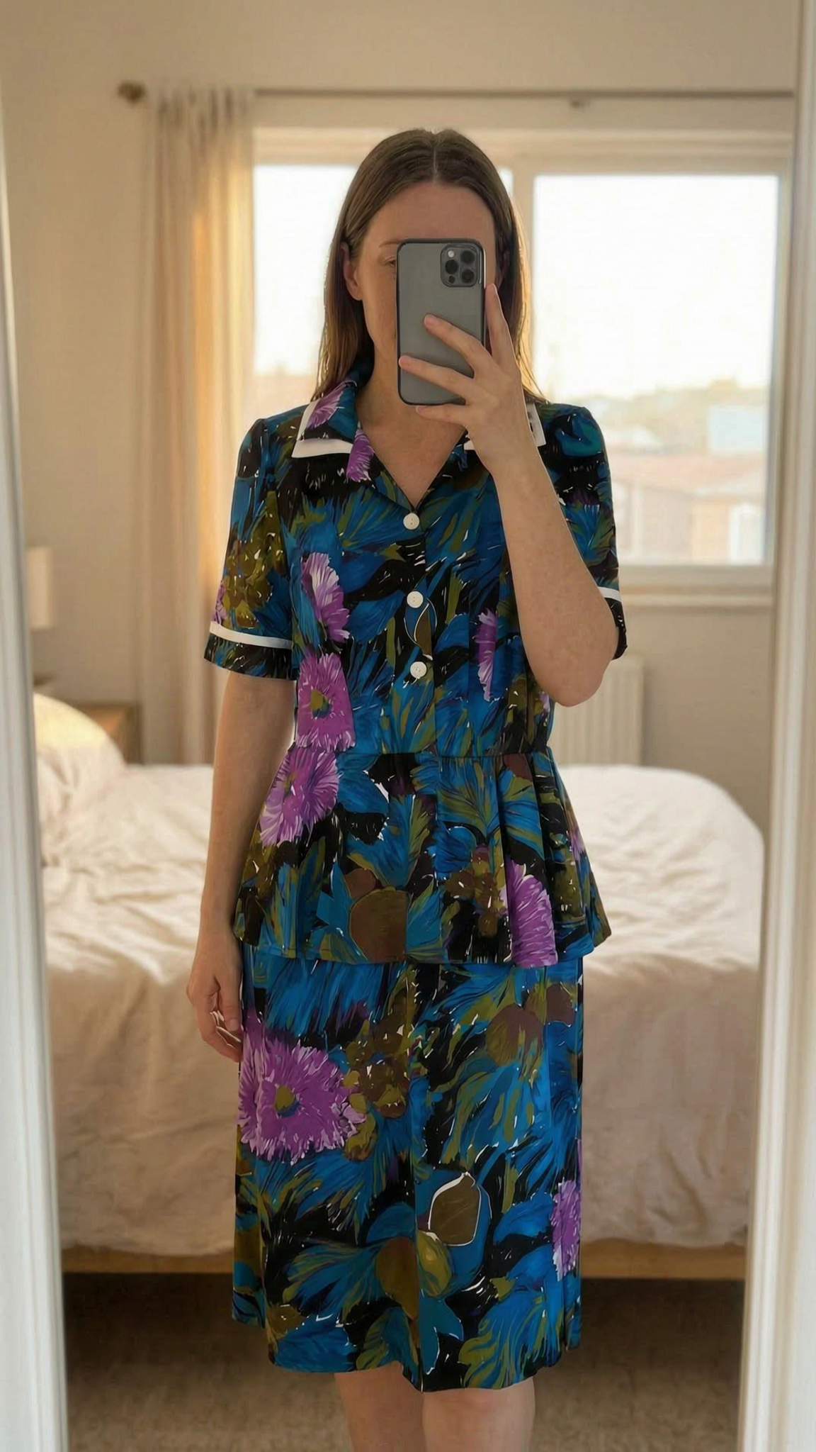 Robe d’été debout, face à la caméra, dans une chambre à la lumière douce, avec une lumière naturelle filtrant par la fenêtre.