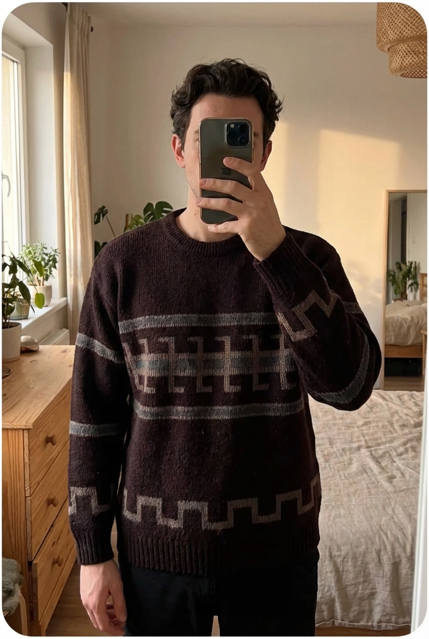 Pull d'Hiver Vintage Année 90 Wool 90'Sweater En Laine Noir et Gris XXL debout, face à la caméra, dans une chambre à la lumière douce, avec une lumière naturelle filtrant par la fenêtre.