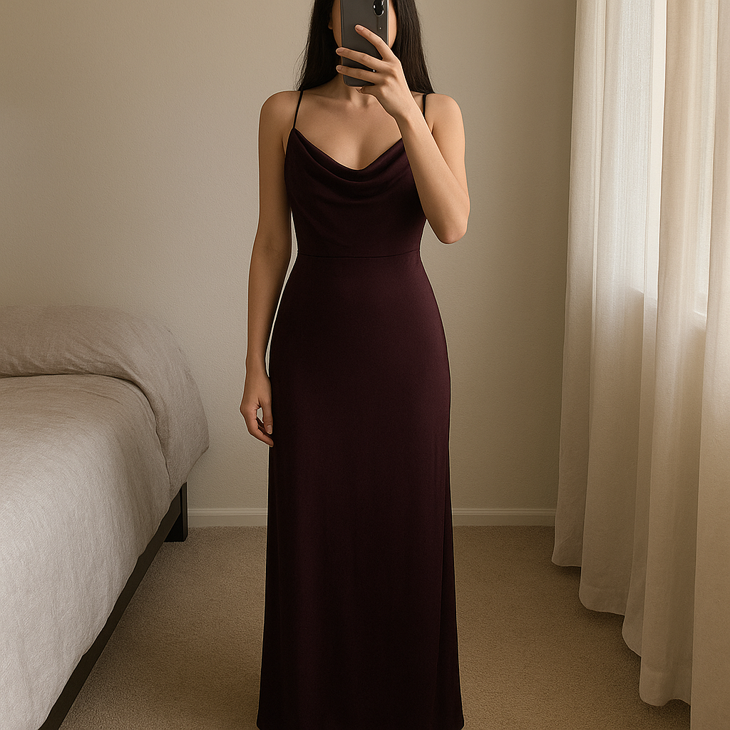 Abito Zara in piedi, rivolto verso la fotocamera, in una camera da letto con luce soffusa e luce naturale che filtra dalla finestra.