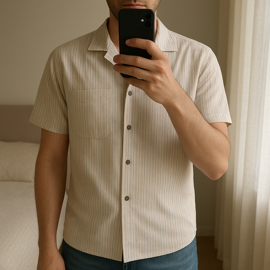 Chemise décontractée Taille S Homme debout, face à la caméra, dans une chambre à la lumière douce, avec une lumière naturelle filtrant par la fenêtre.
