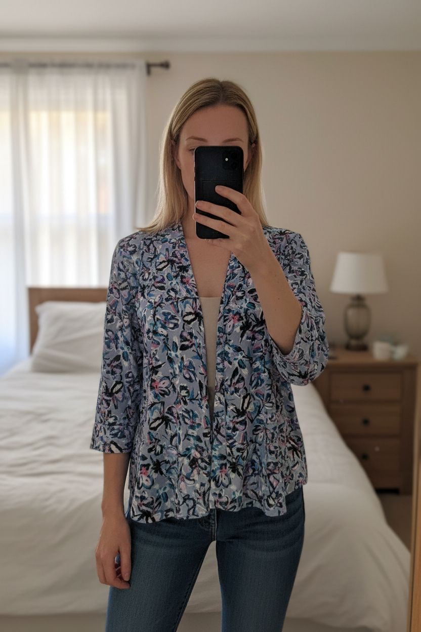 A person in Warehouse Floral silky 3/4 sleeved open waterfall blazer with pockets size 6 standing straight facing the camera, in a softly lit bedroom setting, with gentle natural light filtering through a window.