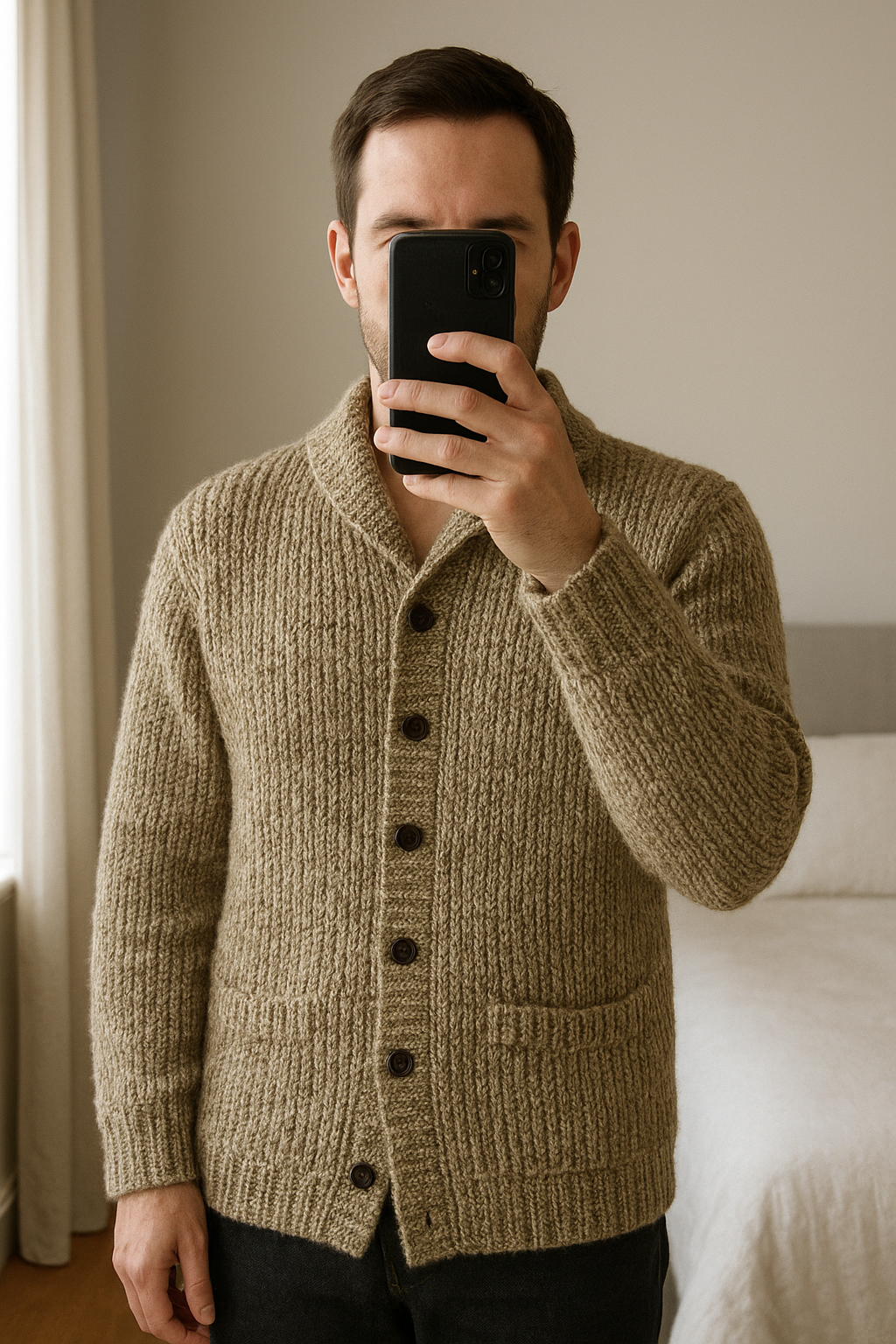 Cardigan Fait Main Torsadé Aran Wool Sweater 100% Laine Marron Beige Aran Craft L debout, face à la caméra, dans une chambre à la lumière douce, avec une lumière naturelle filtrant par la fenêtre.