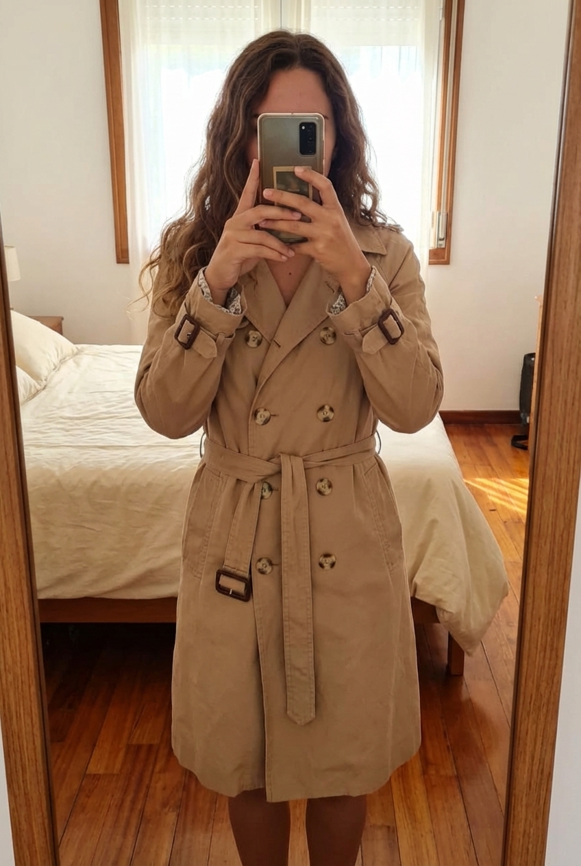 Trench kookaï beige debout, face à la caméra, dans une chambre à la lumière douce, avec une lumière naturelle filtrant par la fenêtre.