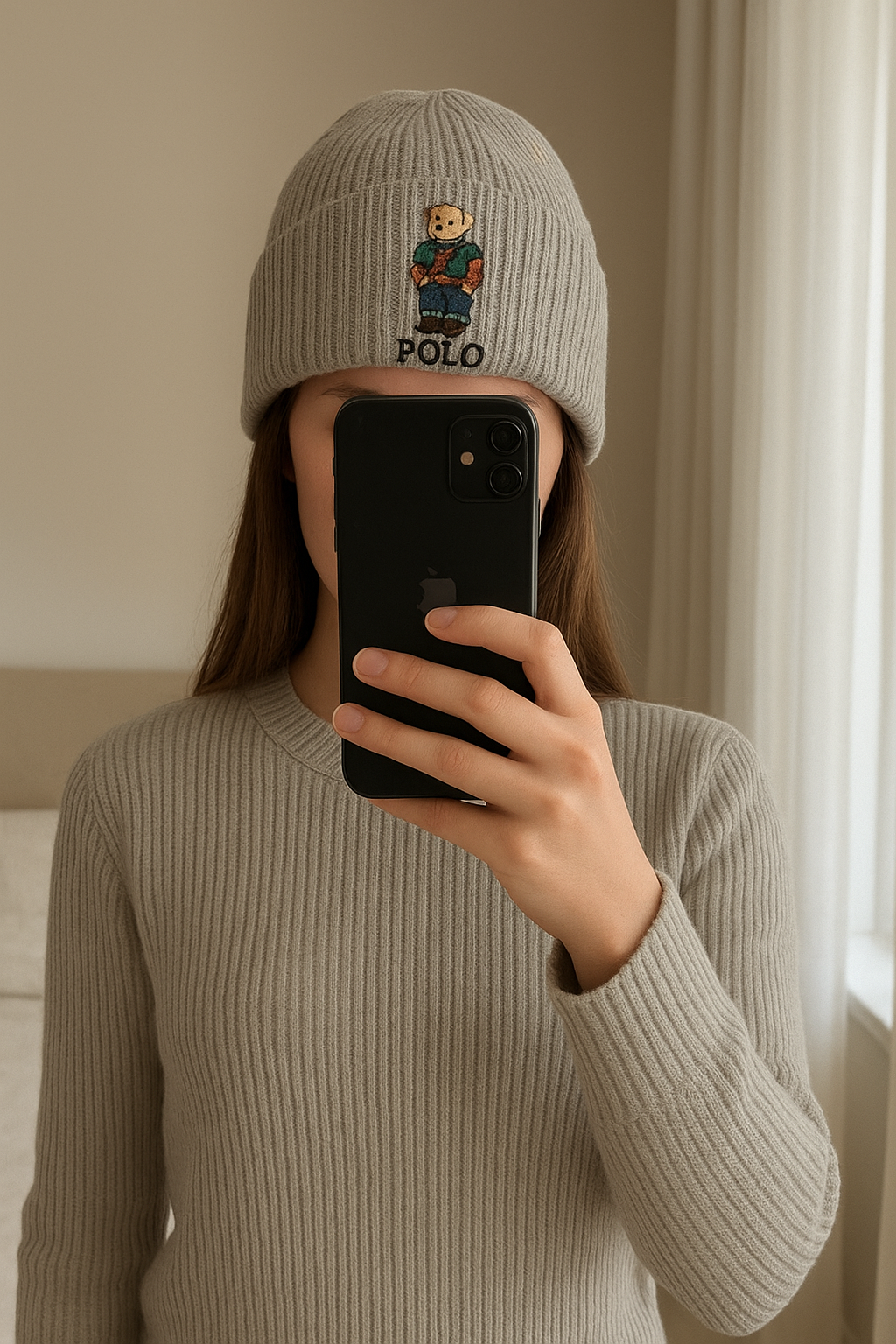 Bonnet polo Ralph Lauren bear debout, face à la caméra, dans une chambre à la lumière douce, avec une lumière naturelle filtrant par la fenêtre.