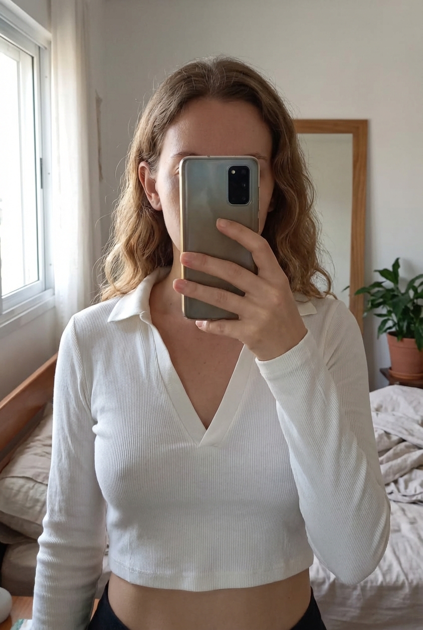 Crop top blanco Zara Talla S de pie, mirando a la cámara, en un dormitorio con luz suave y natural filtrándose por la ventana.